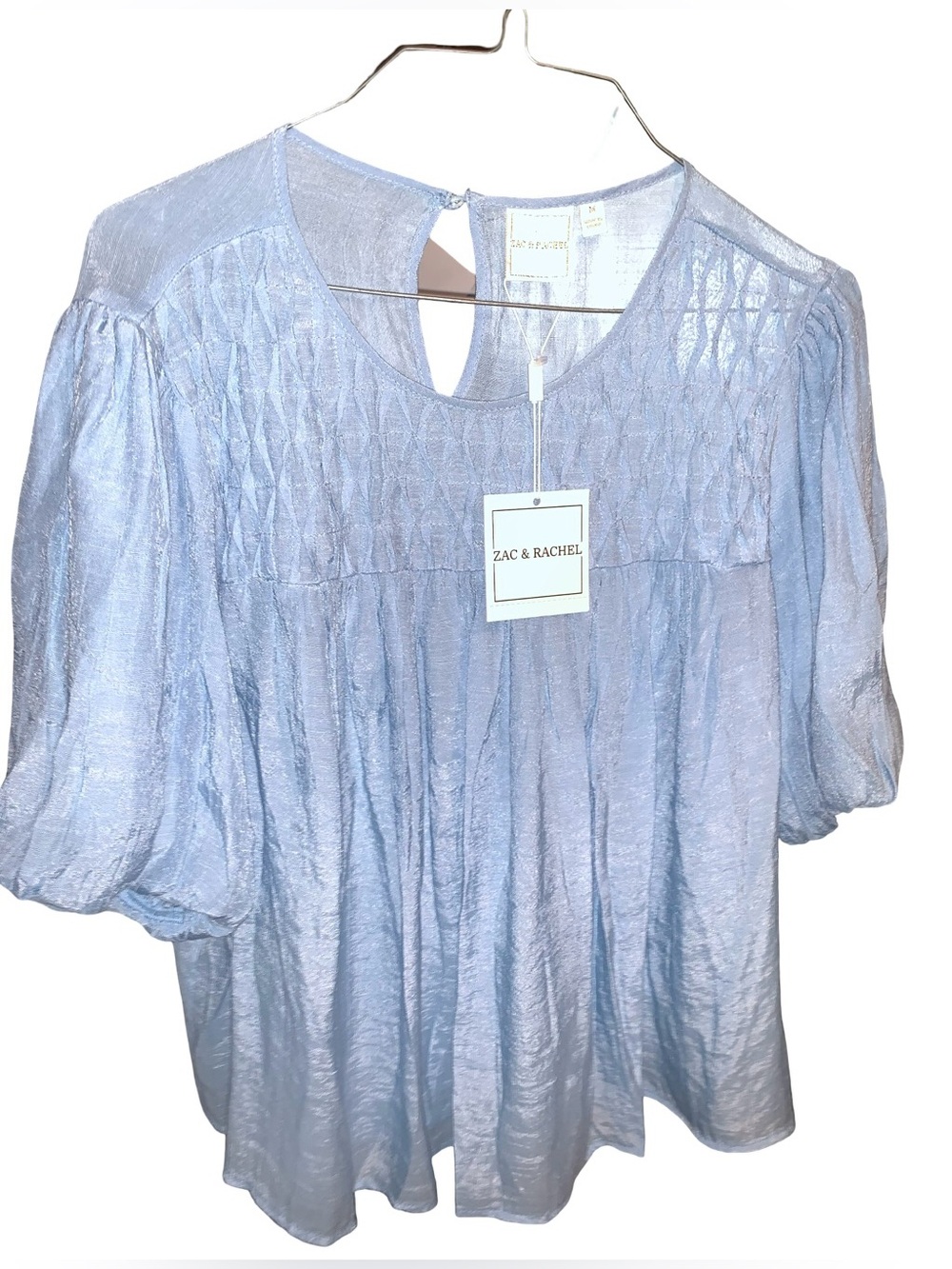 Zac & Rachel Sky Blue Pintuck Puff Sleeve Blouse Size Medium NWT
